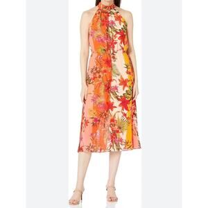 Maggy London Tropical Floral Halter Midi Dress Sz 6 Multicolor Hawaiian Wedding